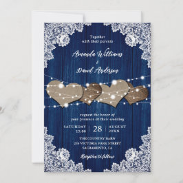 Rustikale Navy Blue Wood Burlap Lace Hochzeit Einladung