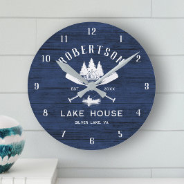 Rustikale Navy Blue Wood Family Lake House Bäume Runde Wanduhr
