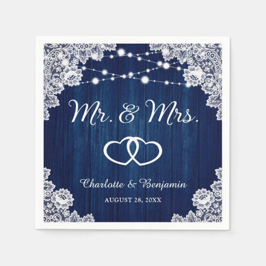 Rustikale Navy Blue Wood Lace String Lights Hochze Serviette (Vorderseite)