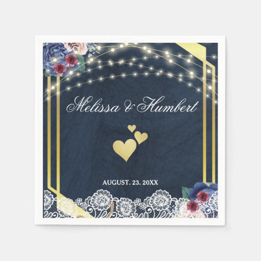 Rustikale Navy Blue Wood Lace String Lights Hochze Serviette (Vorderseite)