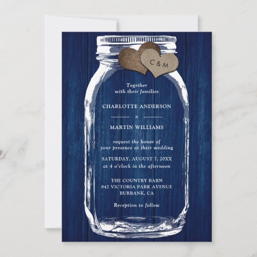 Rustikale Navy Blue Wood Mason Jar Wedding Einladung (Vorderseite)