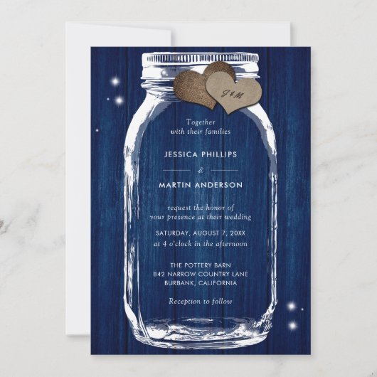 Rustikale Navy Blue Wood Mason Jar Wedding Einladung (Vorderseite)