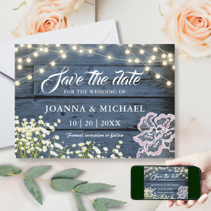 Rustikale Navy Blue Wood String Lights & Lace Save The Date