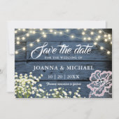 Rustikale Navy Blue Wood String Lights & Lace Save The Date (Vorderseite)