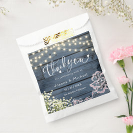 Rustikale Navy Blue Wood String Lights & Lace Wedd Geschenktütchen