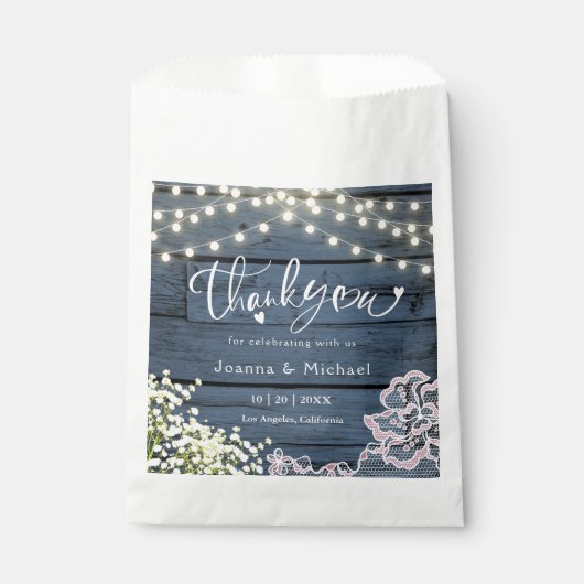 Rustikale Navy Blue Wood String Lights & Lace Wedd Geschenktütchen (Vorderseite)