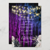 Rustikale Navy Blue Wood String Lights Wedding Inv Einladung (Vorne/Hinten)