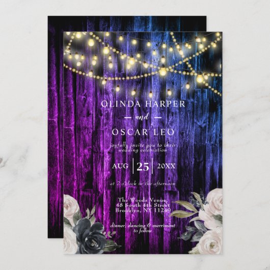 Rustikale Navy Blue Wood String Lights Wedding Inv Einladung (Vorne/Hinten)