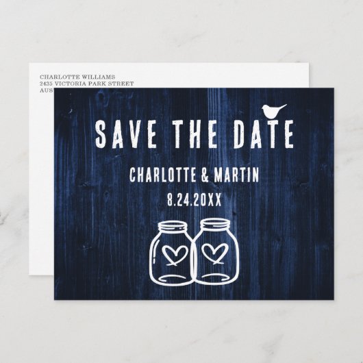 Rustikale Navy Blue Wood Wedding rettet das Datum Ankündigungspostkarte (Vorne/Hinten)