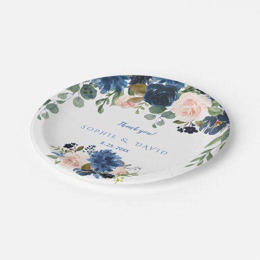 Rustikale Navy Blush Blume Blütenhochzeit Pappteller (Schrägansicht)
