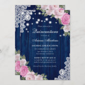 Rustikale Navy Blush Pink Floral Quinceañera Einladung (Vorne/Hinten)