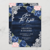 Rustikale Navy Blush Wood Lace Floral Wedding Save The Date (Vorne/Hinten)