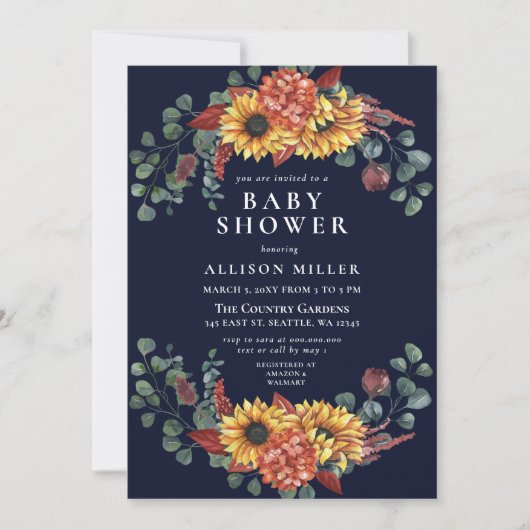 Rustikale Navy Burgundy Sunflowers Kinderdusche Einladung (Vorderseite)