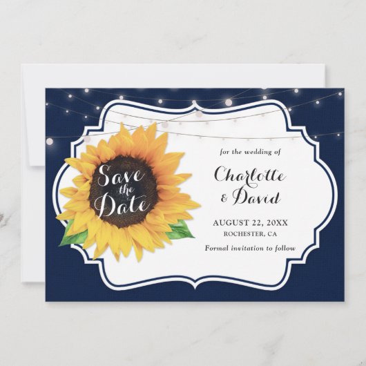 Rustikale Navy Burlap Sonnenblumen speichern die D Save The Date (Vorderseite)