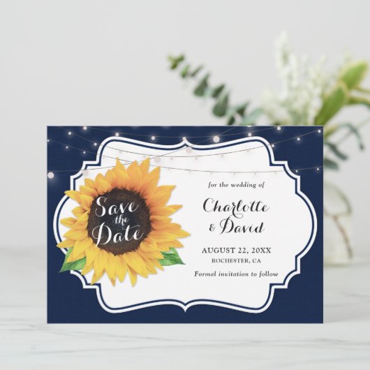 Rustikale Navy Burlap Sonnenblumen speichern die D Save The Date (Stehend Vorderseite)