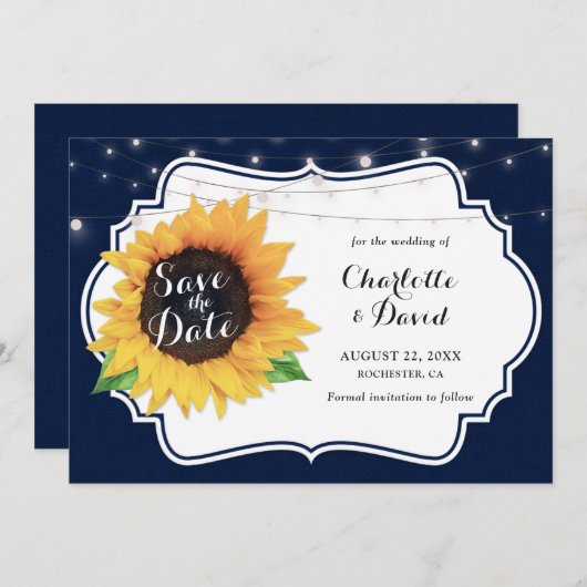 Rustikale Navy Burlap Sonnenblumen speichern die D Save The Date (Vorne/Hinten)