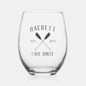 Rustikale Navy-Familie Name Lake House Oars Weinglas Ohne Stiel (Vorderseite)