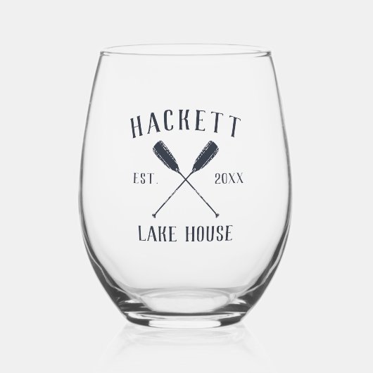 Rustikale Navy-Familie Name Lake House Oars Weinglas Ohne Stiel (Vorderseite)