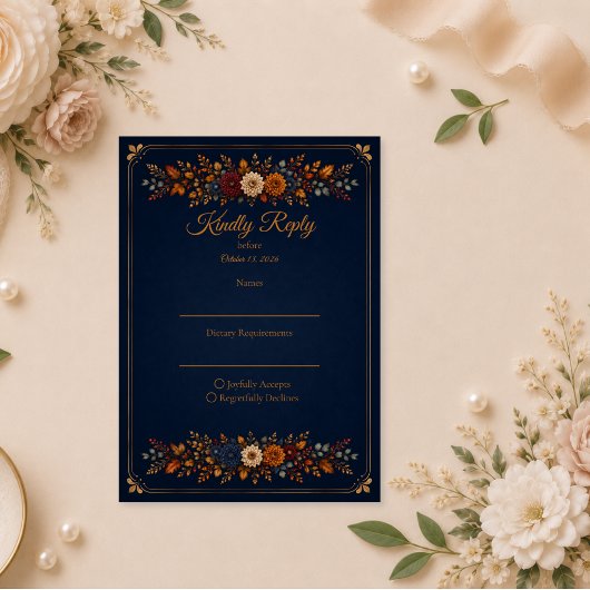 Rustikale Navy-Herbsthochzeit RSVP Karte
