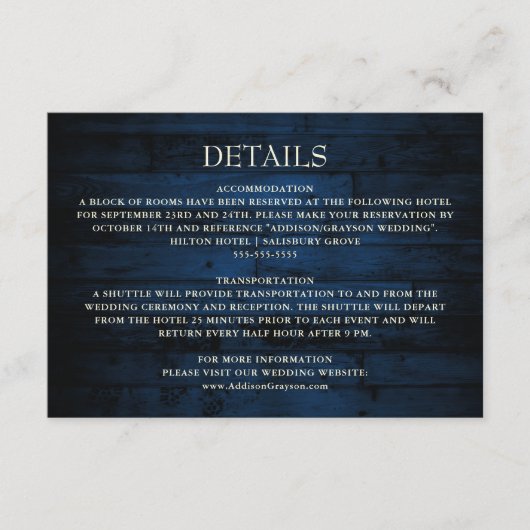 Rustikale Navy-Holz-Streichellichter Hochzeitsdeta Begleitkarte (Vorderseite)