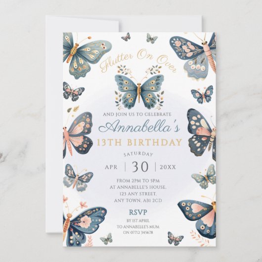 Rustikale Navy & Pink Butterfly-Party Einladung (Vorderseite)