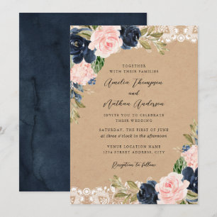 Rustikale Navy-Rosa Blumen-Lace-Hochzeit Einladung