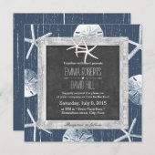 Rustikale Navy Seashells Gerahmte Hochzeit von See Einladung (Vorne/Hinten)