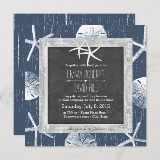 Rustikale Navy Seashells Gerahmte Hochzeit von See Einladung (Vorne/Hinten)