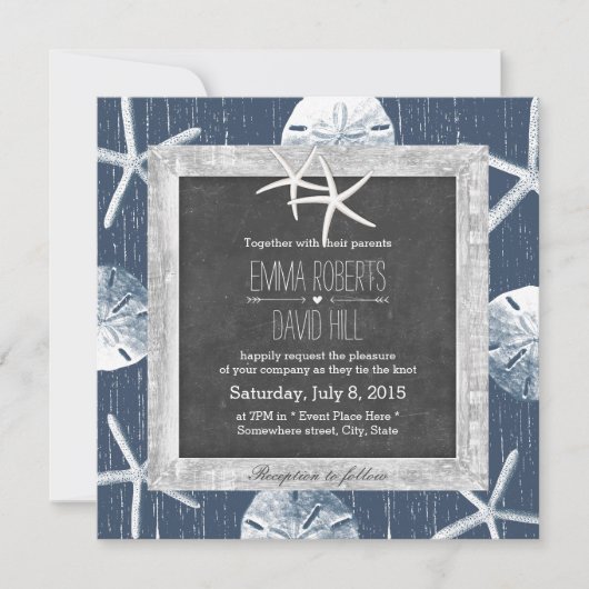Rustikale Navy Seashells Gerahmte Hochzeit von See Einladung (Vorderseite)