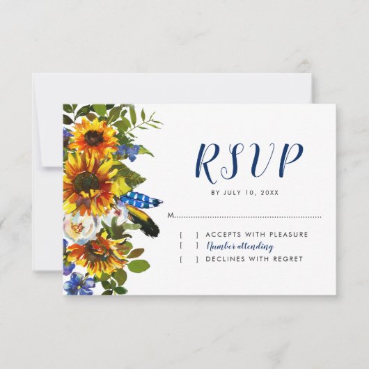 Rustikale Navy Sonnenblume Boho Wedding RSVP Karte (Vorderseite)