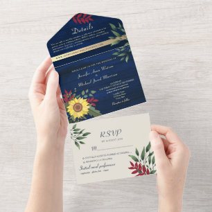 Rustikale Navy-Sonnenblumen-Hochzeit All In One Einladung
