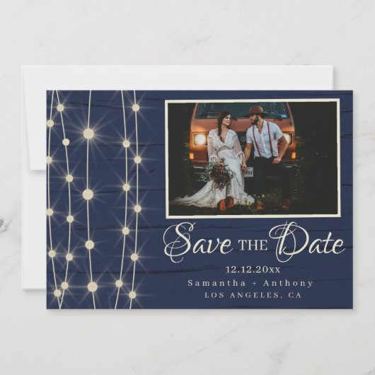 Rustikale Navy-String-Lichter Save the Date (Vorderseite)
