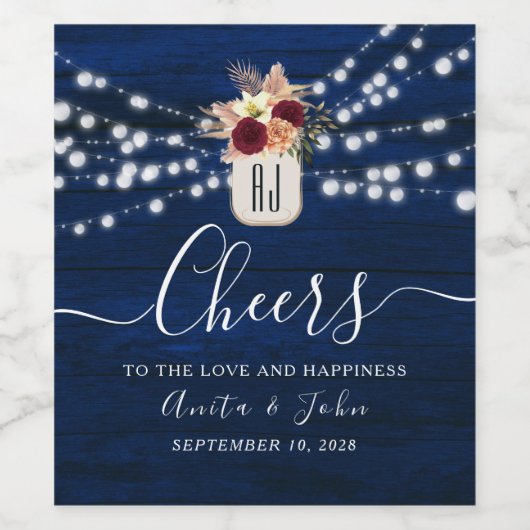 Rustikale Navy-String-Lights Hochzeitweinetikett Weinetikett (Einzelnes Label)