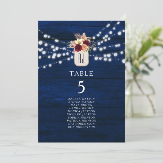 Rustikale Navy String Lights Sitzkarte (Stehend Vorderseite)