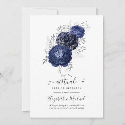 Rustikale Navy und Silver Floral Virtual Wedding Einladung (Vorderseite)