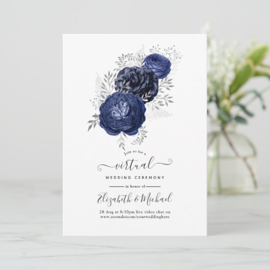 Rustikale Navy und Silver Floral Virtual Wedding Einladung (Stehend Vorderseite)