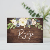 Rustikale Navy & White Watercolor Blume Hochzeit RSVP Karte (Stehend Vorderseite)