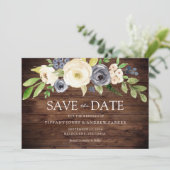 Rustikale Navy & White Watercolor Blume Hochzeit Save The Date (Stehend Vorderseite)