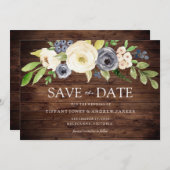 Rustikale Navy & White Watercolor Blume Hochzeit Save The Date (Vorne/Hinten)