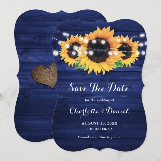 Rustikale Navyblaue Holz-Sonnenblumen-Hochzeit Save The Date (Vorne/Hinten)