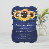 Rustikale Navyblaue Holz-Sonnenblumen-Hochzeit Save The Date (Stehend Vorderseite)