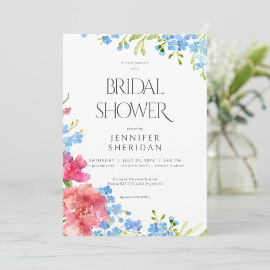 Rustikale Nelken & Vergessen Sie mir Noten Brautpa Einladung (Stehend Vorderseite)