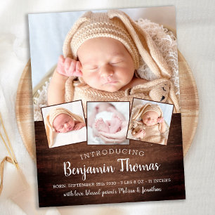Rustikale Neues Baby Geburtannouncement mit 4 Foto Postkarte