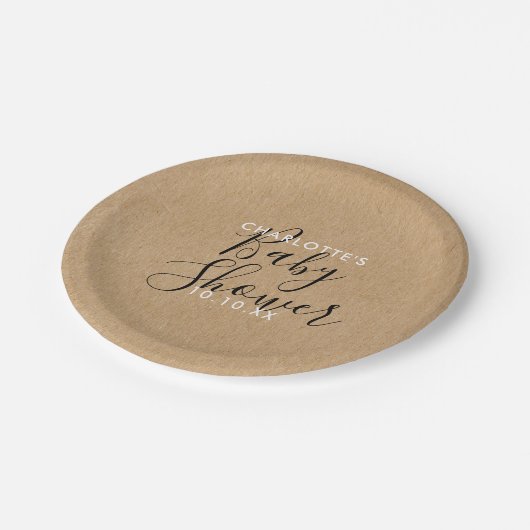 Rustikale neutrale Babydusche Elegantes Skript Pappteller (Schrägansicht)