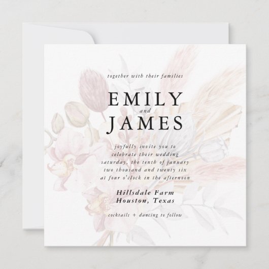 Rustikale neutrale Beige Boho Blumenhochzeit Einladung (Vorderseite)