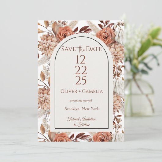 Rustikale neutrale Boho-Flora rettet die Daten Einladung (Stehend Vorderseite)