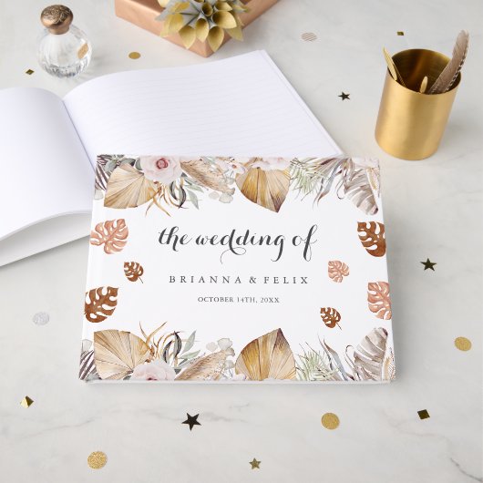 Rustikale neutrale Boho-Hochzeit Gästebuch (Vorderseite Offen)