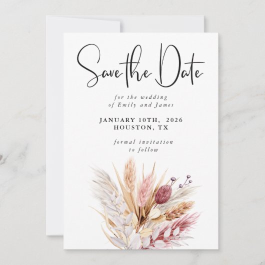 Rustikale neutrale Boho Pampas Wedding Save The Date (Vorderseite)