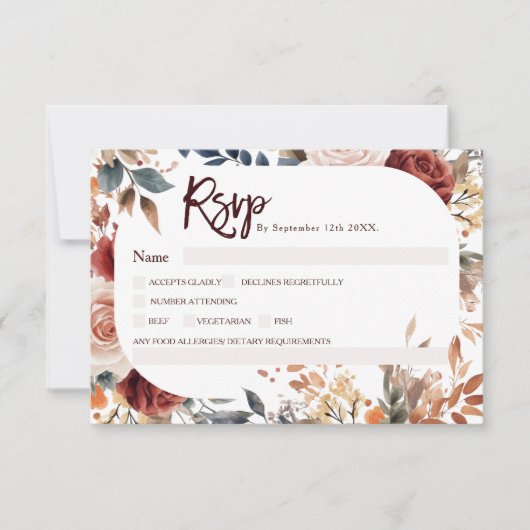 Rustikale neutrale Burgund Boho Fall Floral Weddin RSVP Karte (Vorderseite)