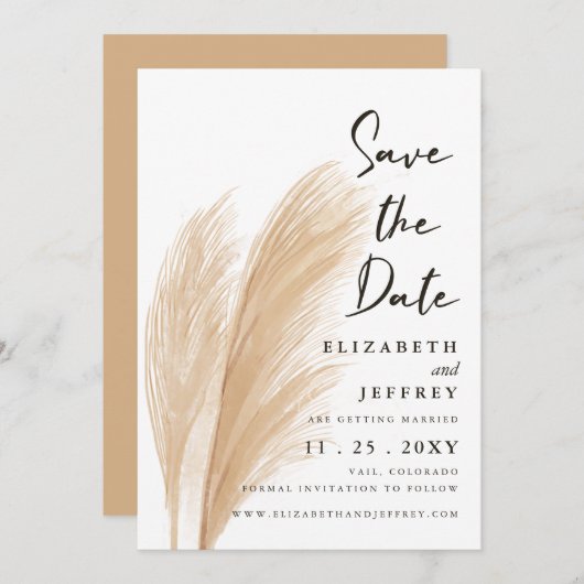 Rustikale neutrale Erden Boho Pampas Save the Date Ankündigung (Vorne/Hinten)